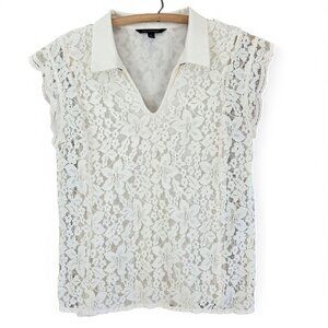 Banana Republic Womens Cream Lace Floral Cap Sleeve Top Collar Small